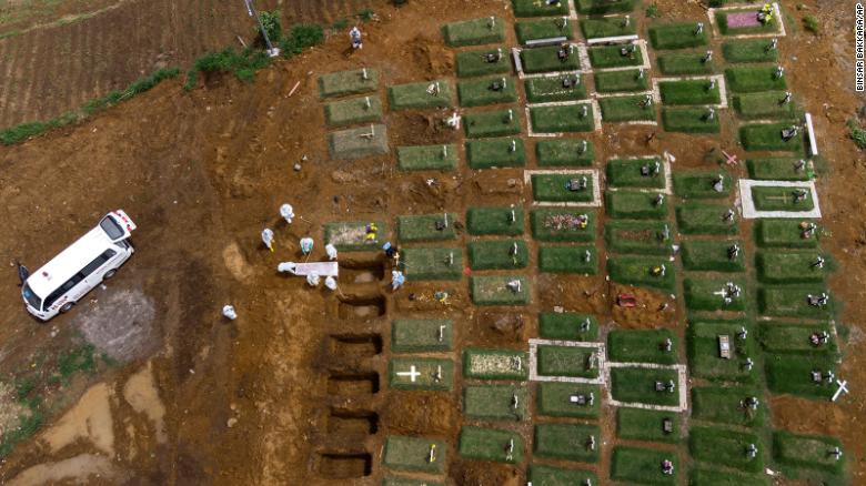 Các công nhân chôn cất thi thể của bệnh nhân Covid-19 tại một nghĩa trang dành riêng cho những người chết vì virus corona ở Bắc Sumatra, Indonesia. Ảnh: CNN.